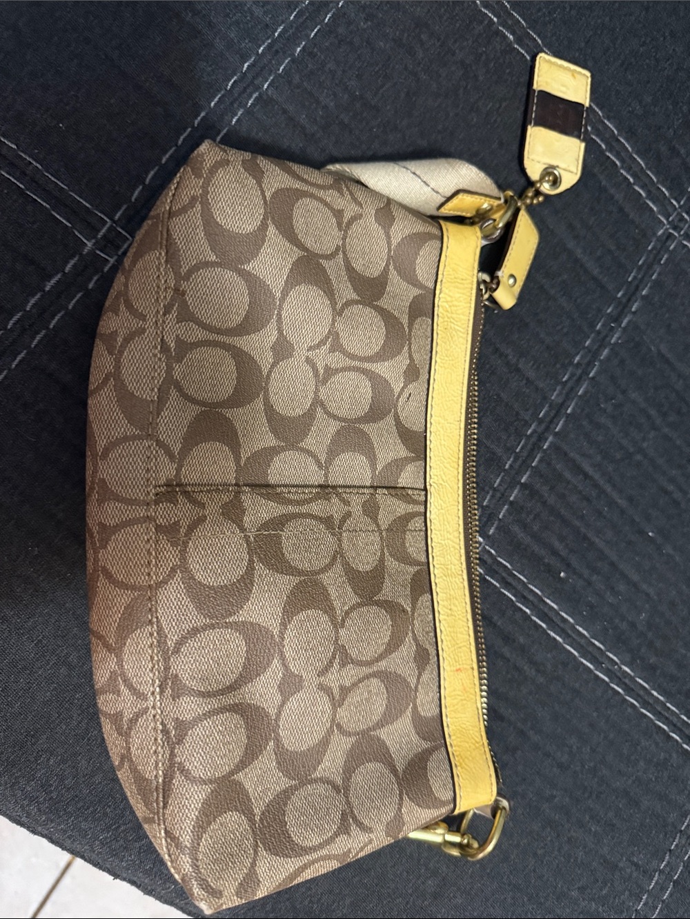 Coach Brown Signature Canvas Shoulder Bag with Yellow Trim - Picture 8 of 9